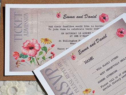 Ticket style invite and RSVP with Hibiscus motif